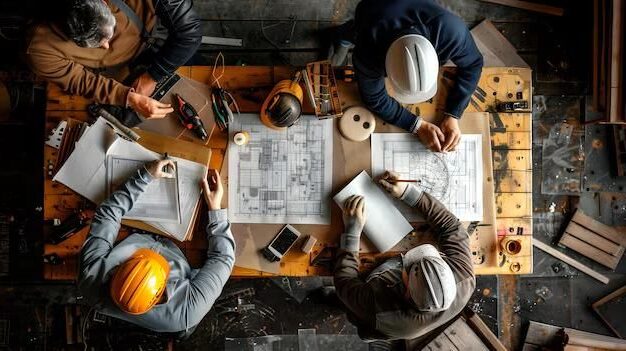 foto realista equipa de construção planejamento projeto de renovação considerando a modernização enquanto a pré imagem premium gerada com ia