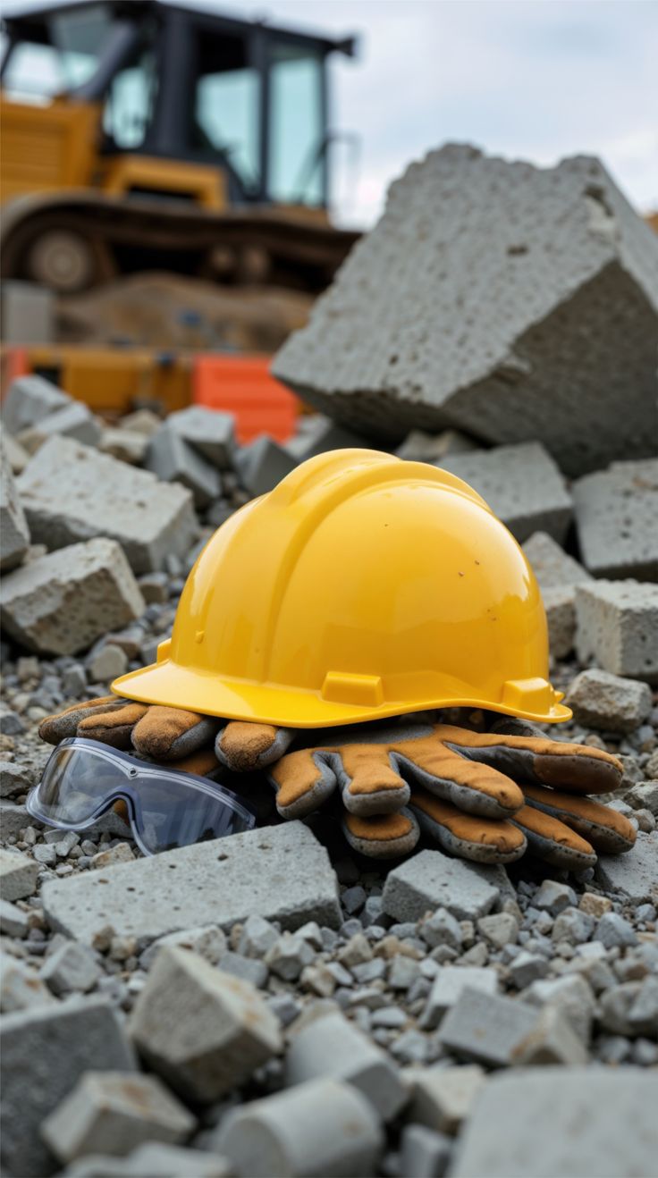 safety equipment on rubble at a construction demolition site